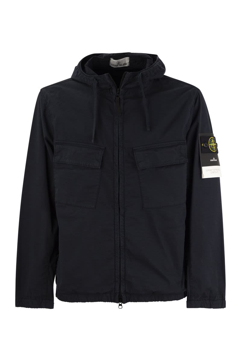 STONE ISLAND Navy Blue Stretch Cotton Hooded Safari Jacket with Pockets for Men - SS24