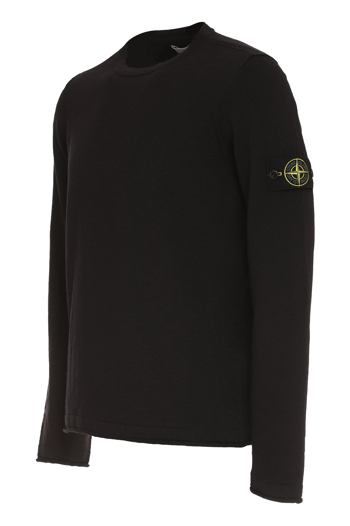 STONE ISLAND Men's Black Crew-Neck Sweater with Removable Logo Patch and Ribbed Knit Edges