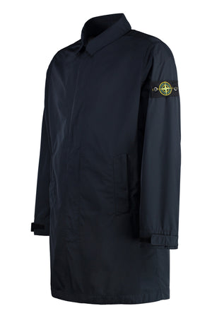 Men's Blue Techno Fabric Jacket with Removable Logo Patch and Adjustable Cuffs