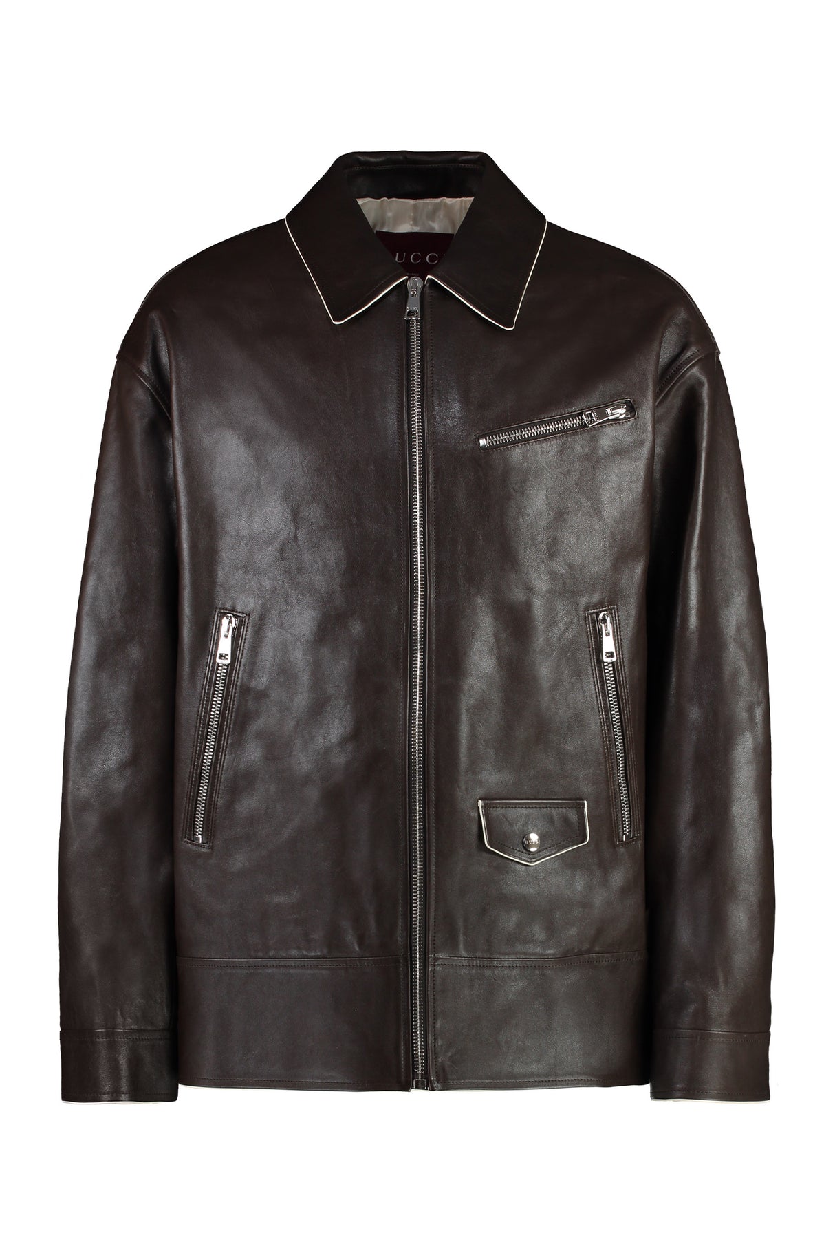 GUCCI Men's 100% Leather Jacket with Contrasting Details