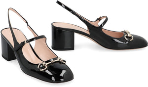 GUCCI Sleek Patent Leather Slingback Sandals with Gold Horsebit Detail