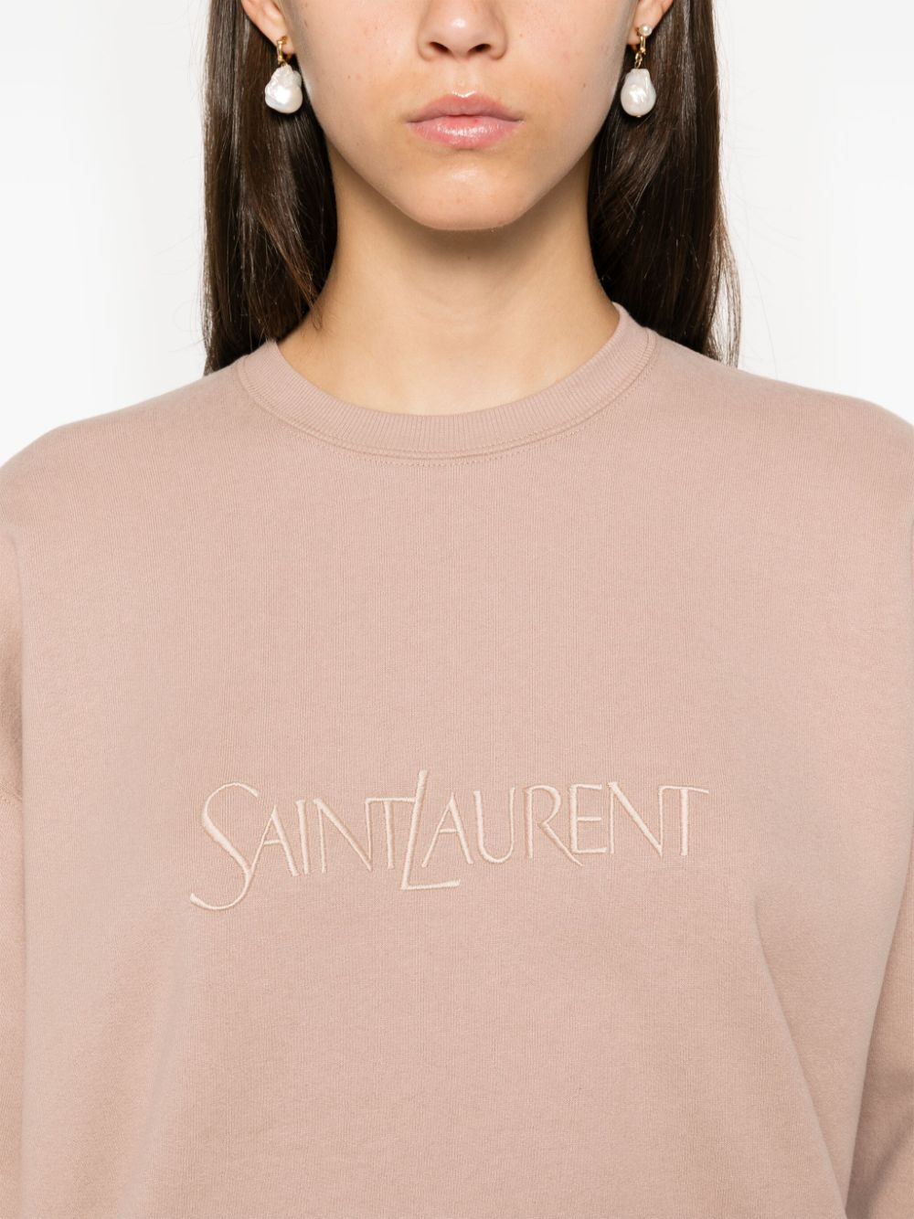 SAINT LAURENT Texture Crew Neck Embroidered Logo Sweater - Women’s Size