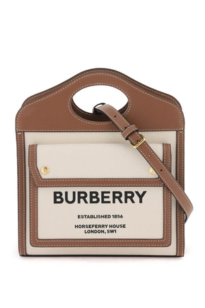 BURBERRY Cream & Brown Mini Canvas Leather Handbag with Horseferry Print and Crossbody Strap, 23x6x26.5 cm