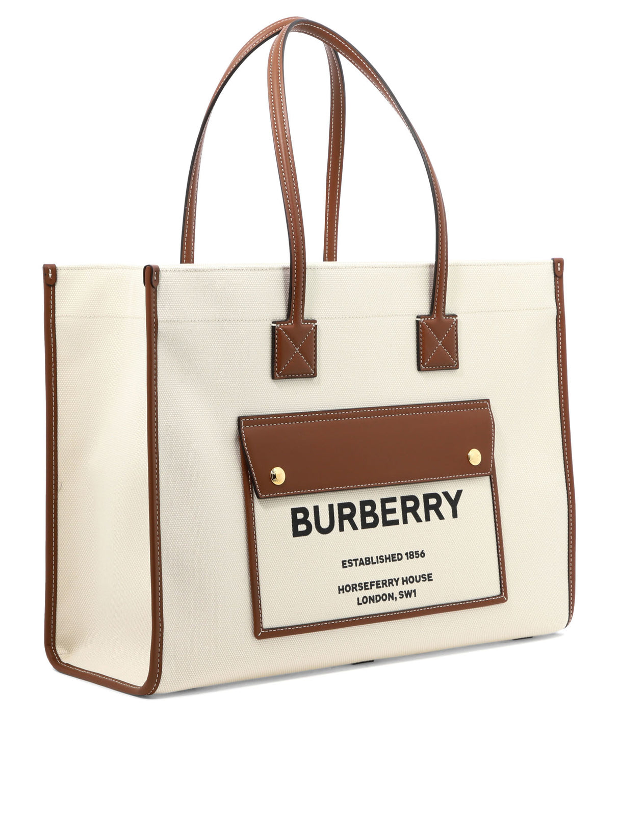 BURBERRY Tan Leather "Medium Freya" Tote with Horsefairy Print and Polished Metal Details