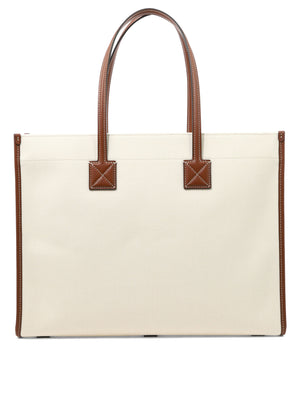 BURBERRY Tan Leather "Medium Freya" Tote with Horsefairy Print and Polished Metal Details