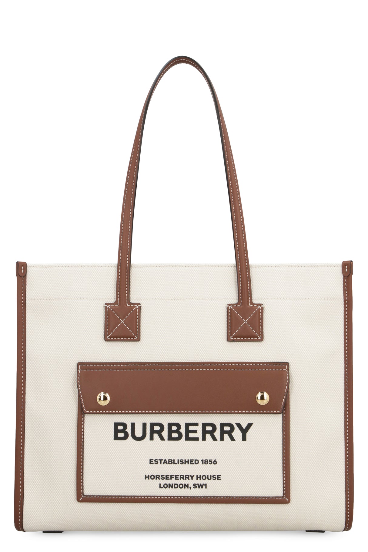 BURBERRY Canvas Tote Handbag with Leather Details and Front Flap Pocket