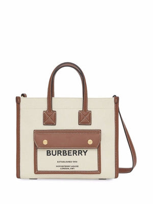 BURBERRY Mini Natural Tote Handbag with Brown Leather Trim