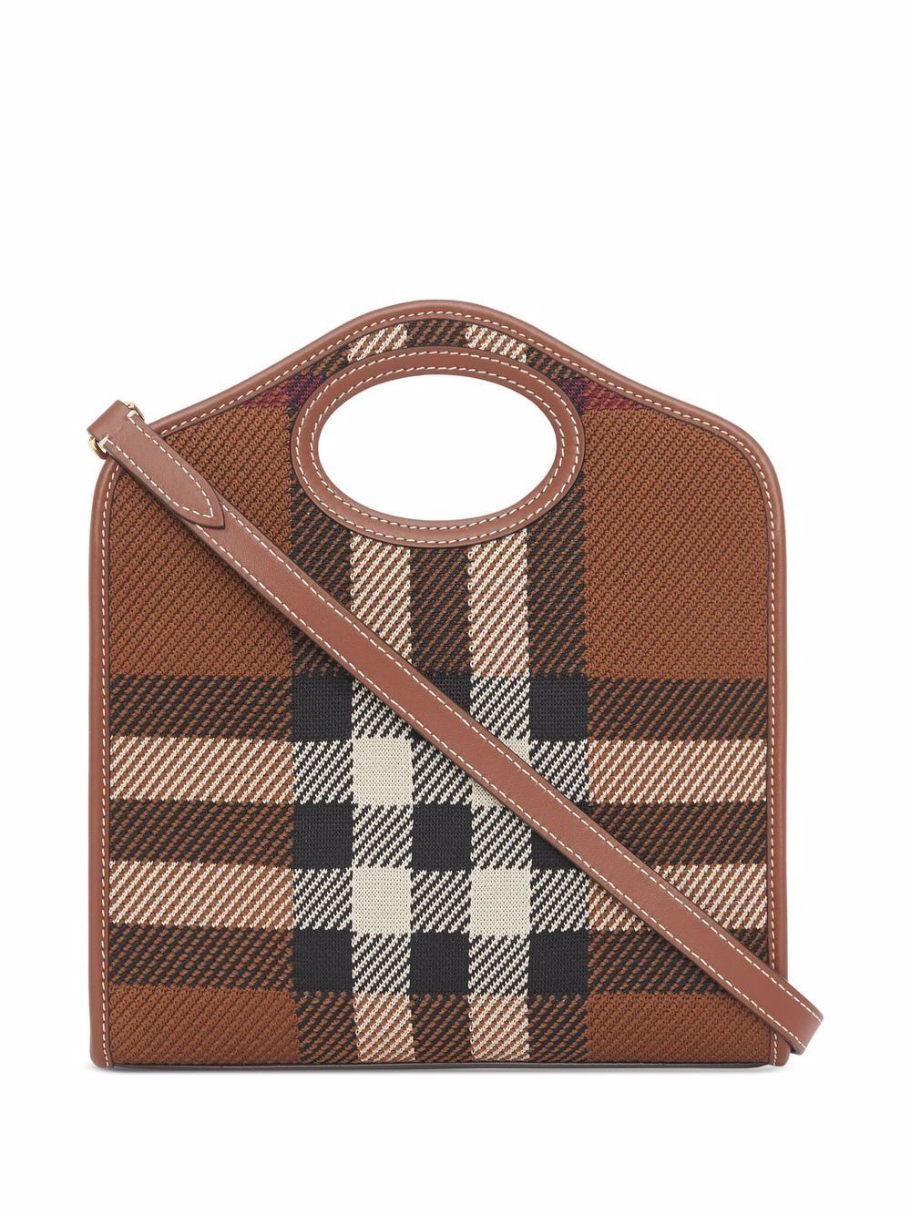 BURBERRY Mini Check Pattern Leather Tote with Detachable Strap, Brown, 27x24x7cm