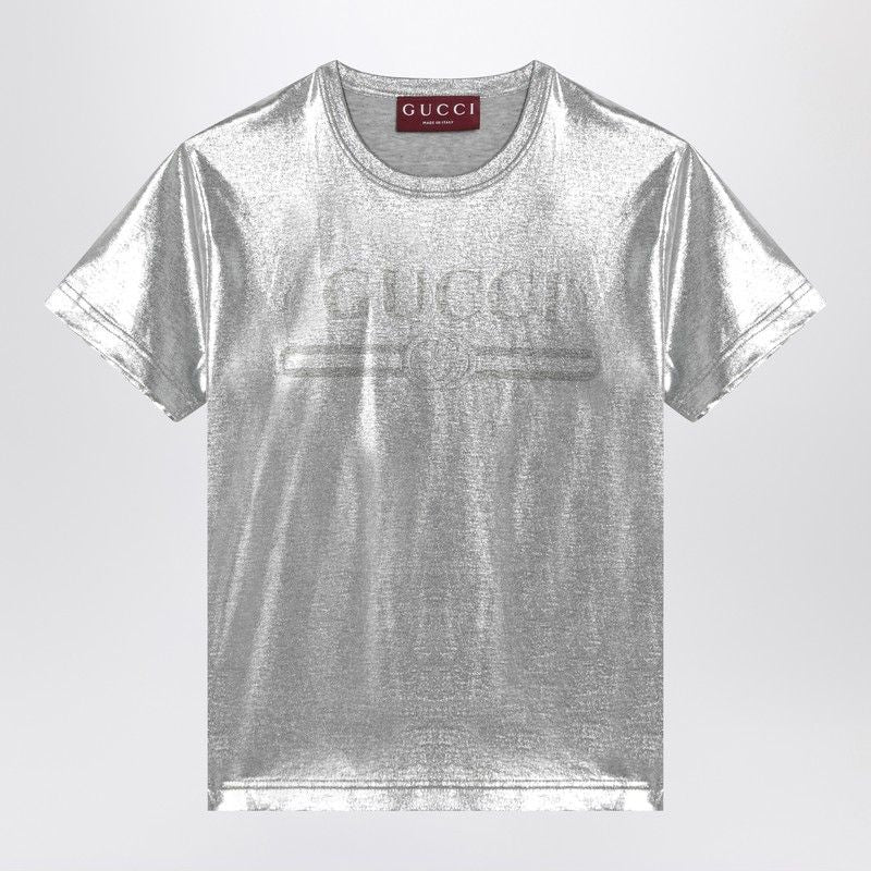 GUCCI Laminated Cotton Silver Crewneck T-Shirt with Logo