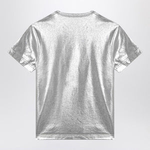 GUCCI Laminated Cotton Silver Crewneck T-Shirt with Logo