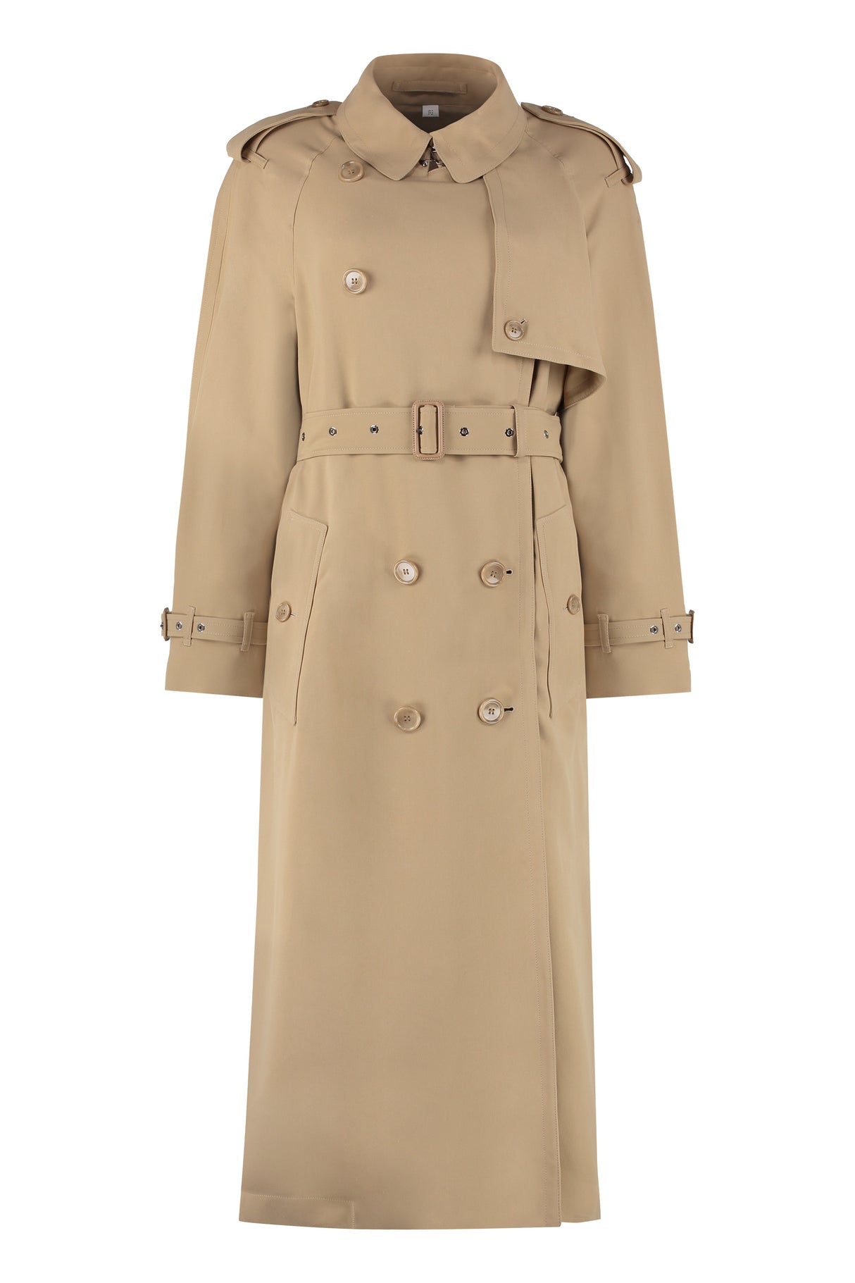 BURBERRY Classic Tan Long Trench Coat with Leather Accents