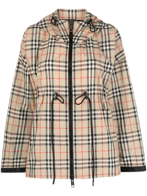 BURBERRY Beige Check Motif Hooded Jacket for Women - SS24