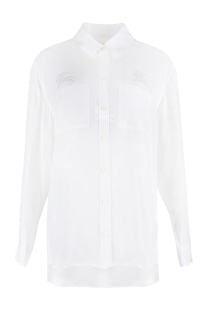 Elegant White Silk Shirt for Women with Nacre Buttons and Rounded Hem