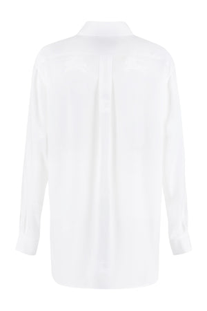 精致丝绸衬衫，配有贝母扣和圆角下摆，白色