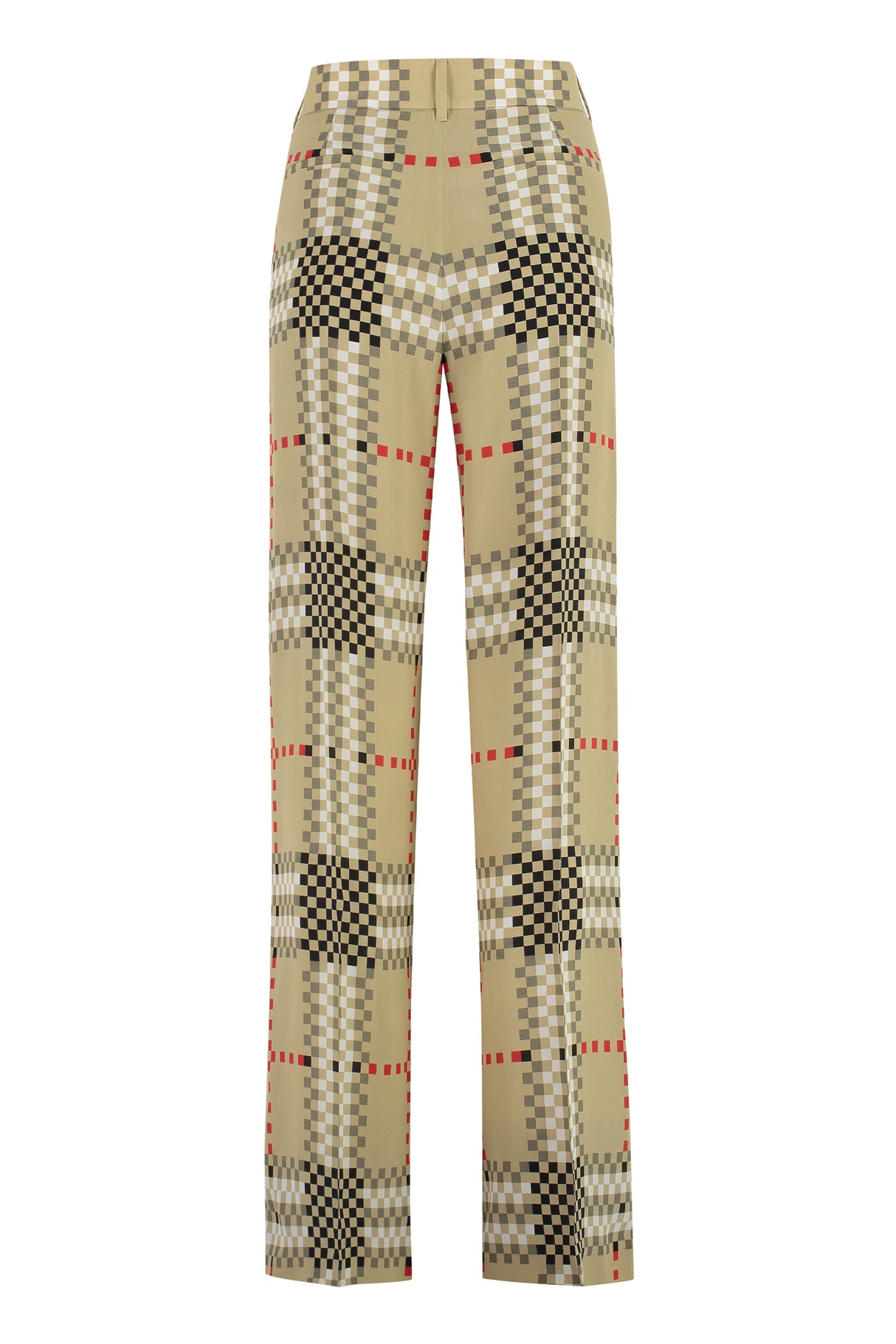 High-Waist Creased Pleated Trousers in Beige with Tartan Pixelato Motif for Women