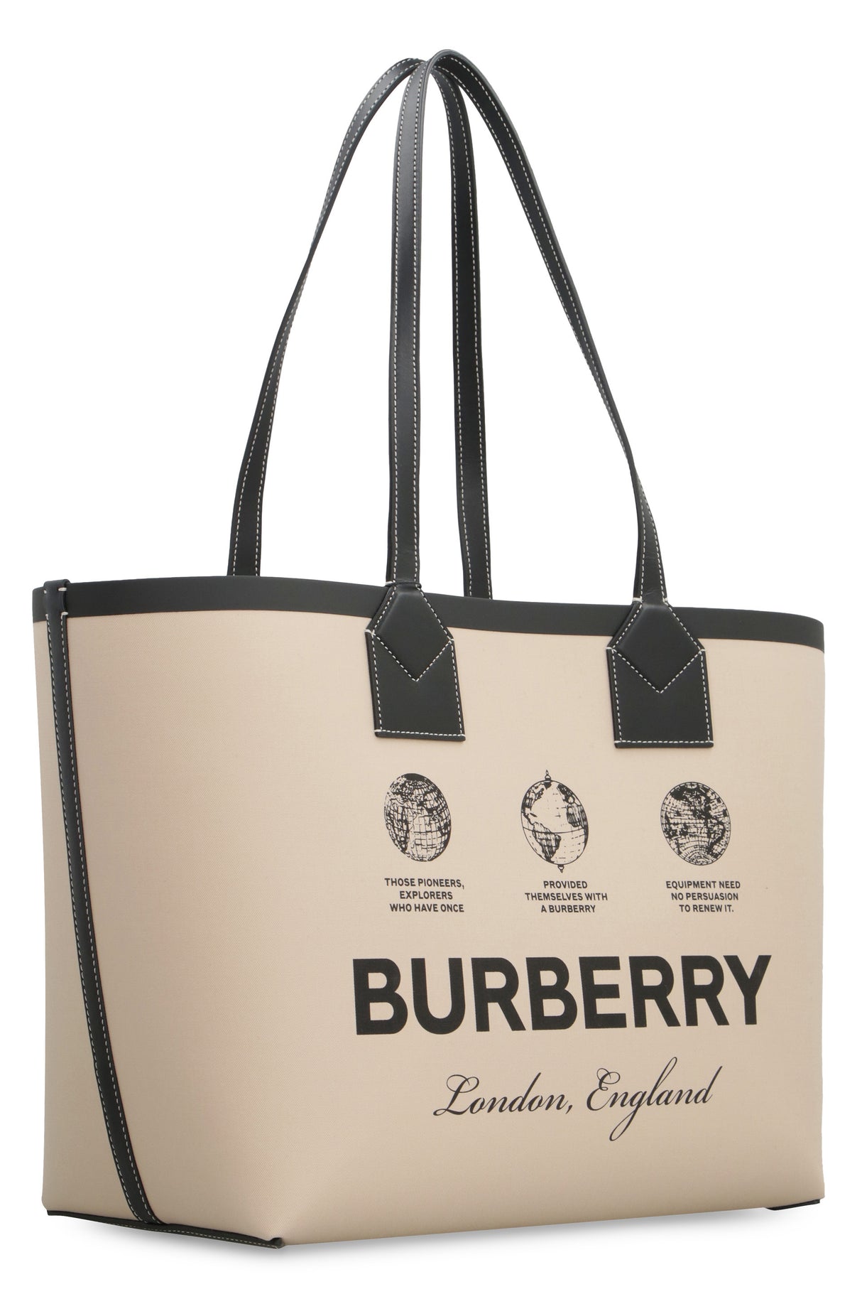 BURBERRY Canvas Tote Bag with Leather Details and Check Lining
