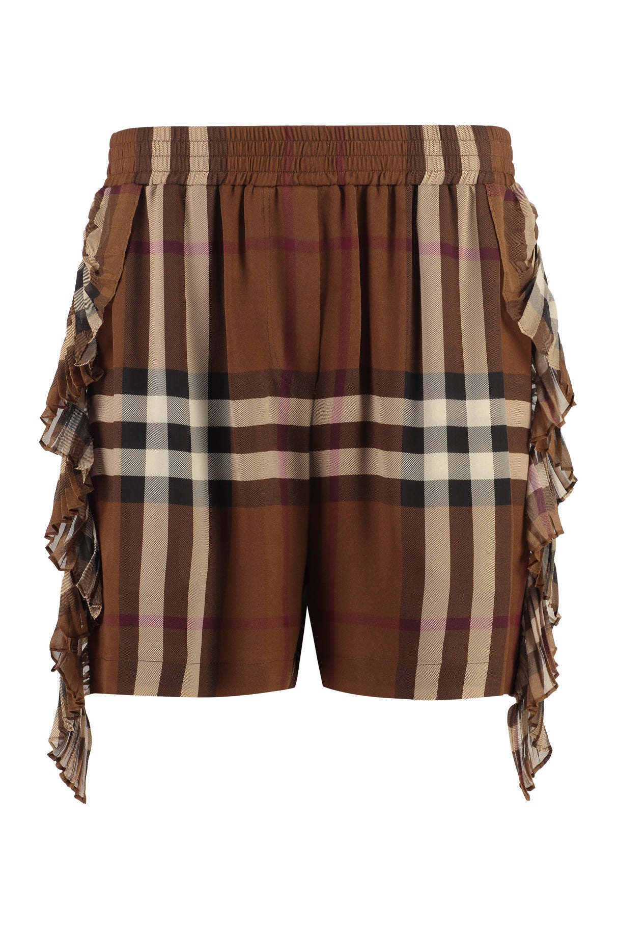 Checkered Ruffled Silk Shorts - Brown