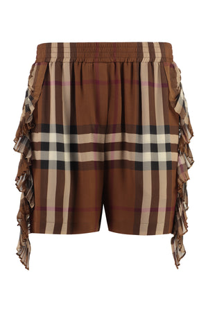 Checkered Ruffled Silk Shorts - Brown