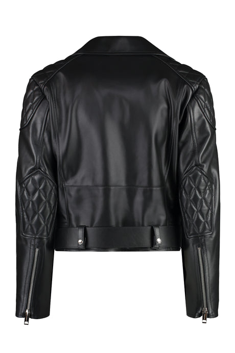Zipped Pockets, Belt, and Padding Women's Black Leather Jacket - SS23