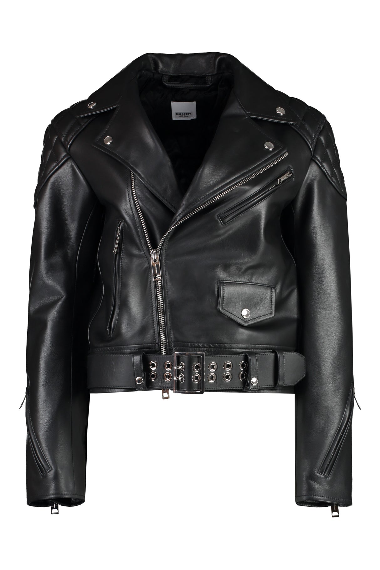 Zipped Pockets, Belt, and Padding Women's Black Leather Jacket - SS23