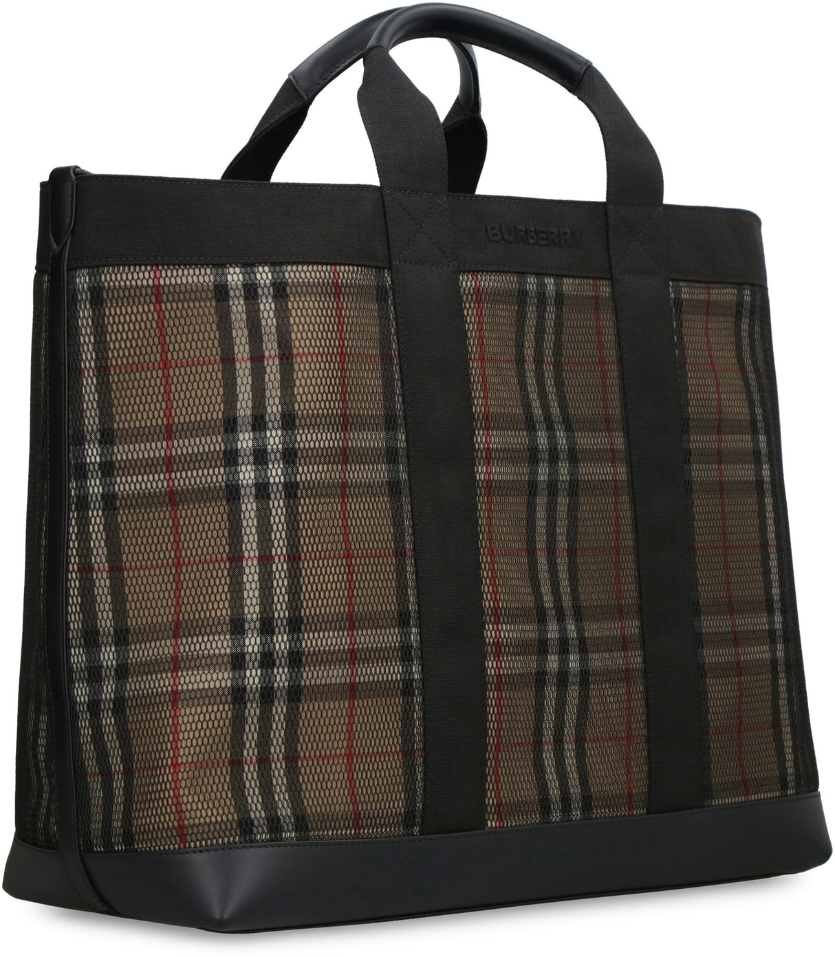 Black Mesh Tote Handbag - Vintage Check Print, Two Leather Handles, Logo Lining, SS23 Collection