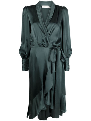 Dark Green Silk Wrap Midi Dress - FW23 Collection