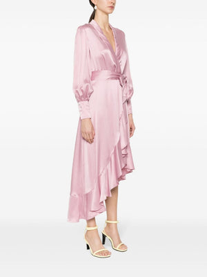 ZIMMERMANN Rose Pink Silk Wrap V-Neck Midi Dress