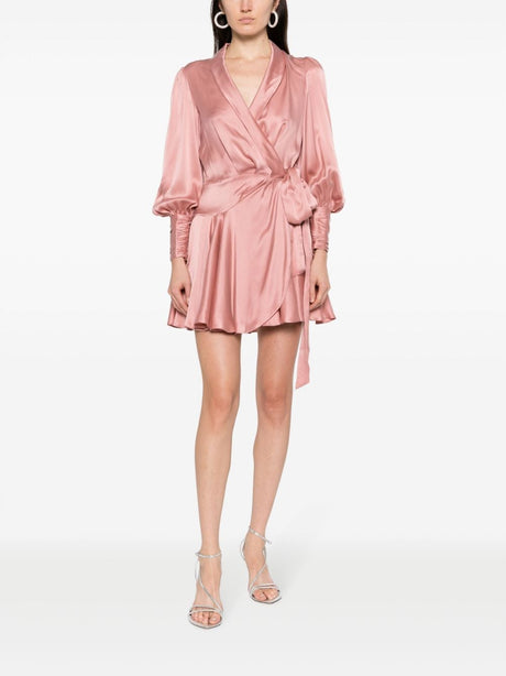 Powder Pink Silk Wrap Dress with Long Sleeves and Scarf Lapels