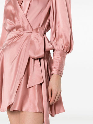 ZIMMERMANN Powder Pink Silk Wrap Dress with Long Sleeves and Scarf Lapels