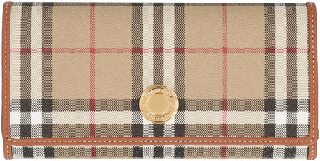 米色格紋大陸錢包 - 高質皮革及格紋布料搭扣設計
