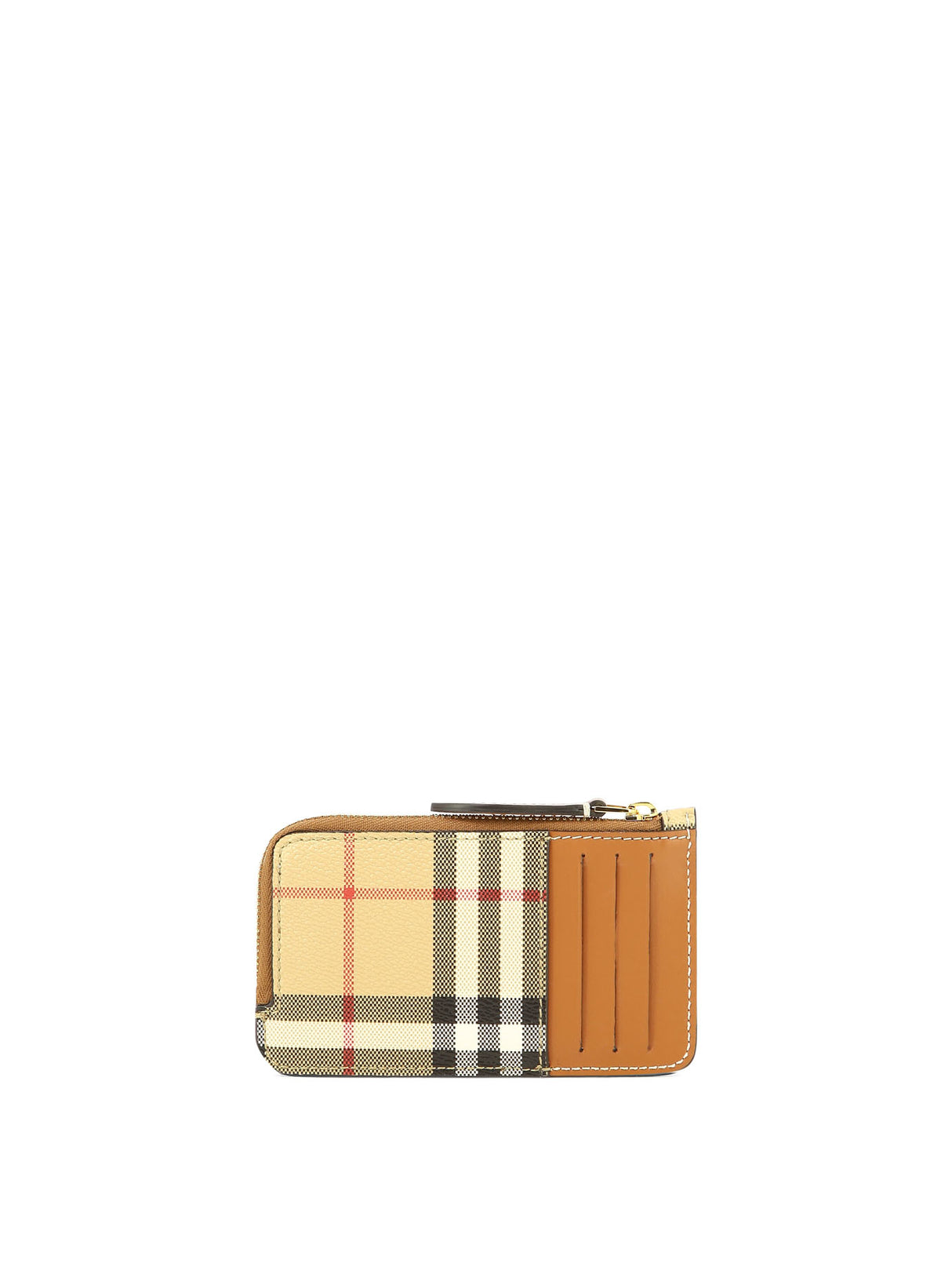 BURBERRY Beige Check and Leather Zip Card Case