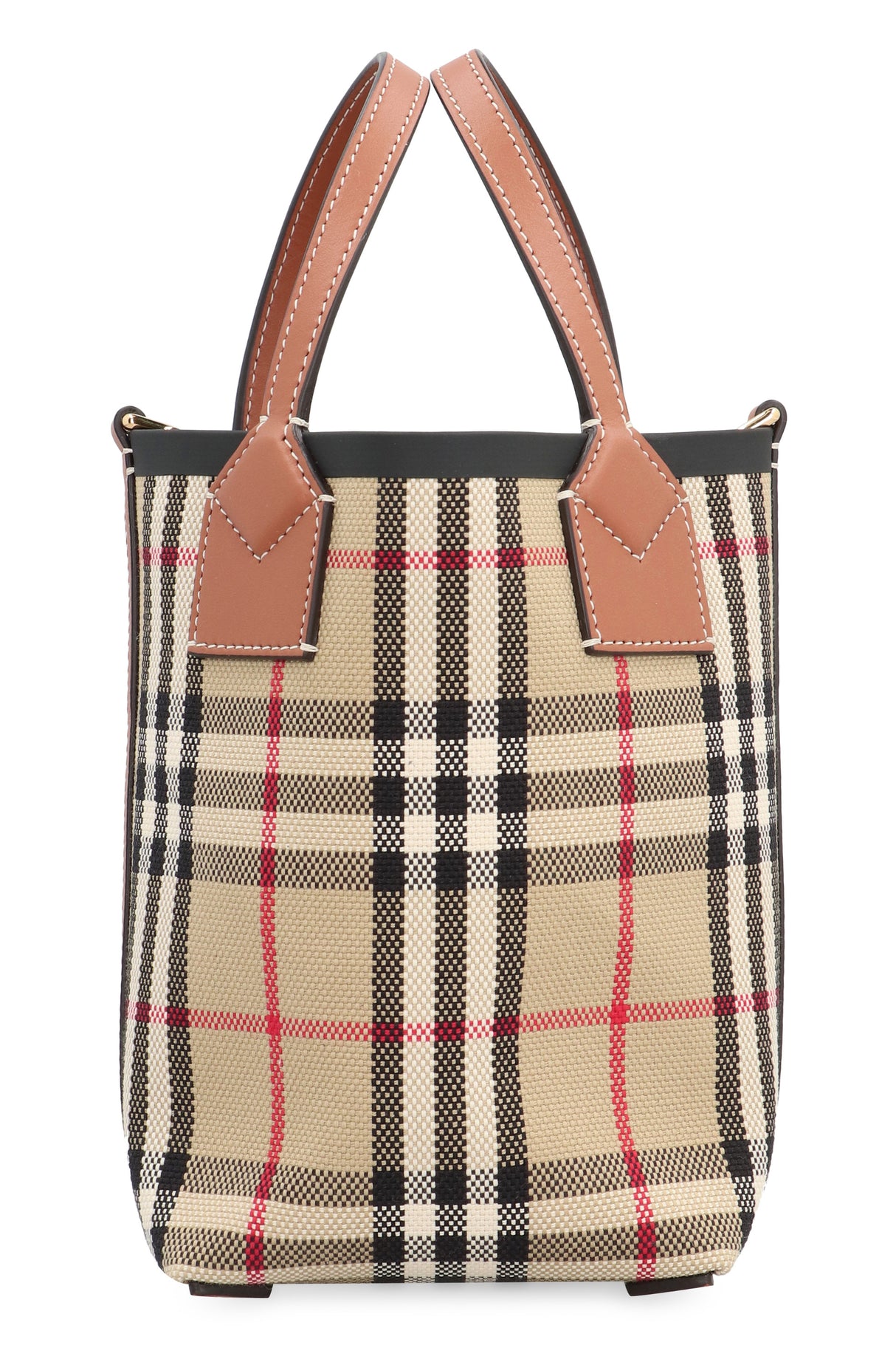 BURBERRY Small Vintage Check Tote Handbag with Leather Handles and Removable Strap - Tan