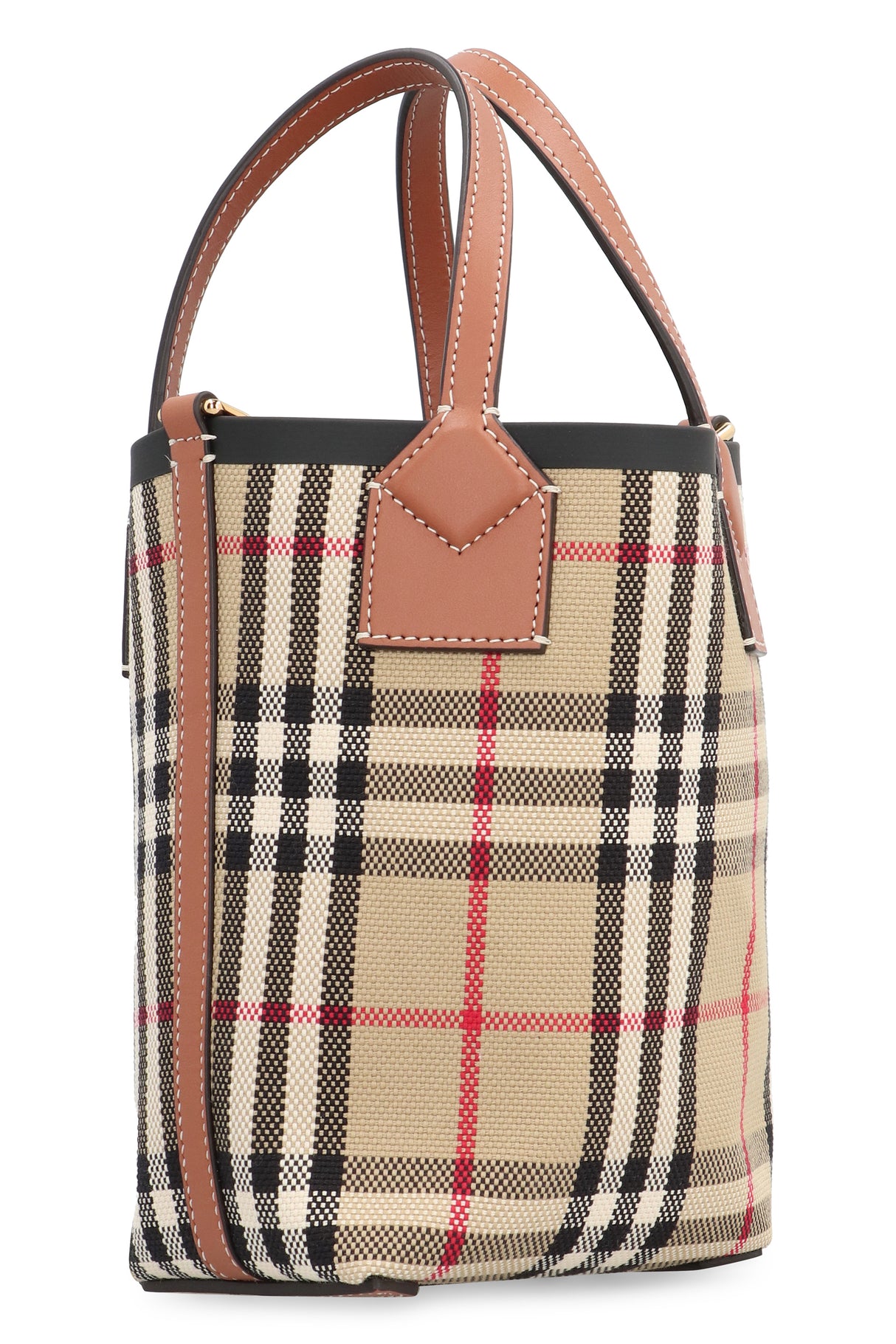 BURBERRY Small Vintage Check Tote Handbag with Leather Handles and Removable Strap - Tan