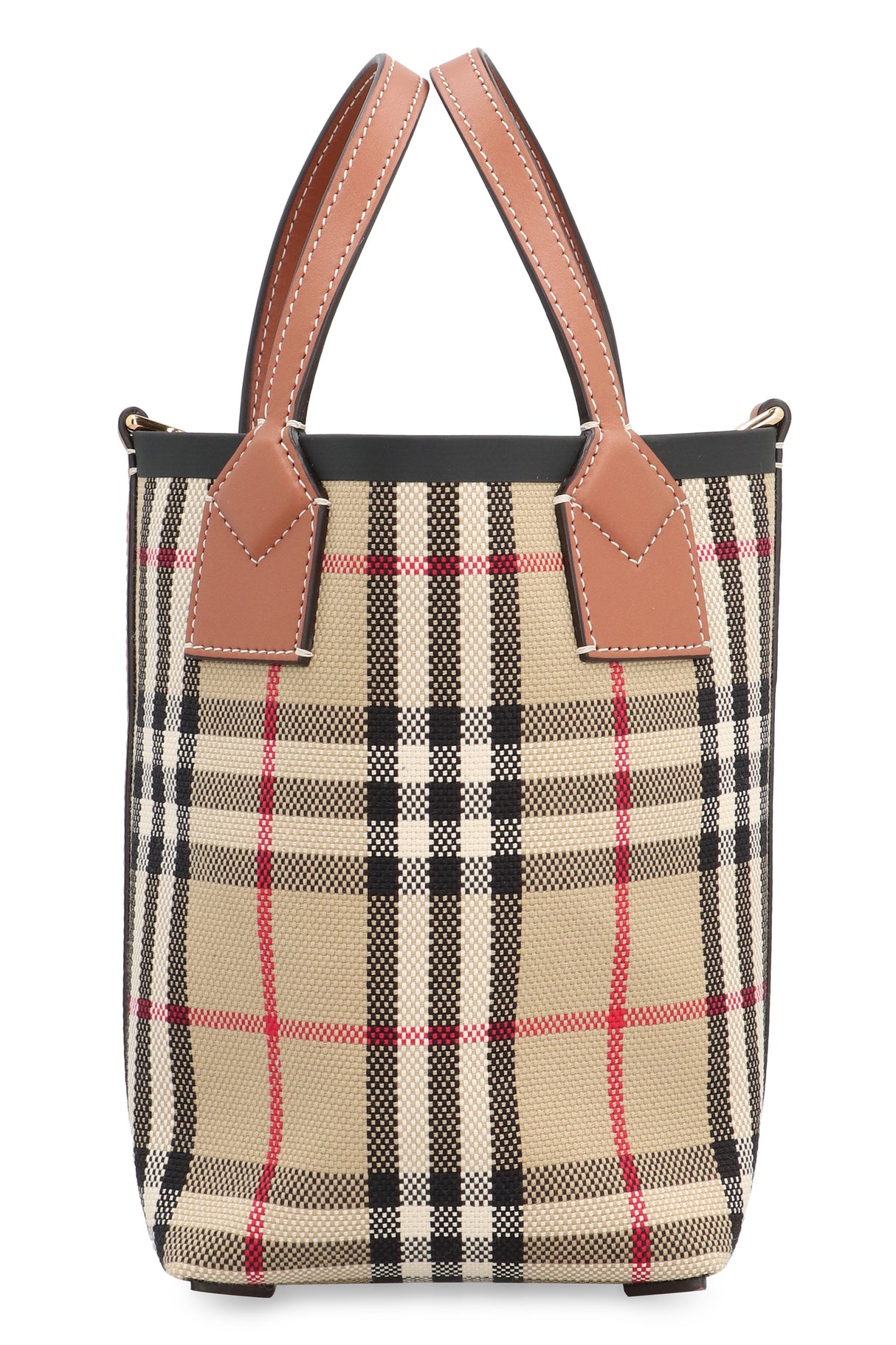 BURBERRY Small Vintage Check Tote Handbag with Leather Handles and Removable Strap - Tan