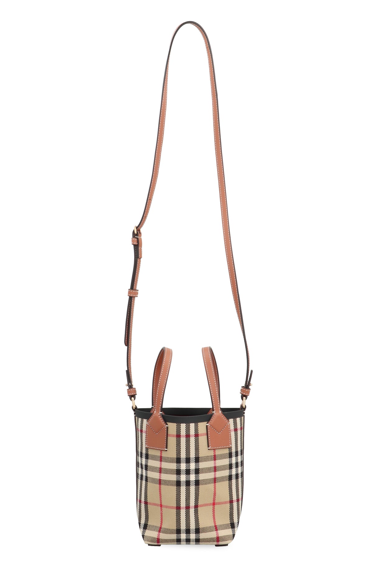 BURBERRY Small Vintage Check Tote Handbag with Leather Handles and Removable Strap - Tan