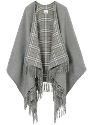 BURBERRY Reversible Wool Cape with Check Print and Fringed Edges