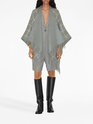 BURBERRY Reversible Wool Cape with Check Print and Fringed Edges