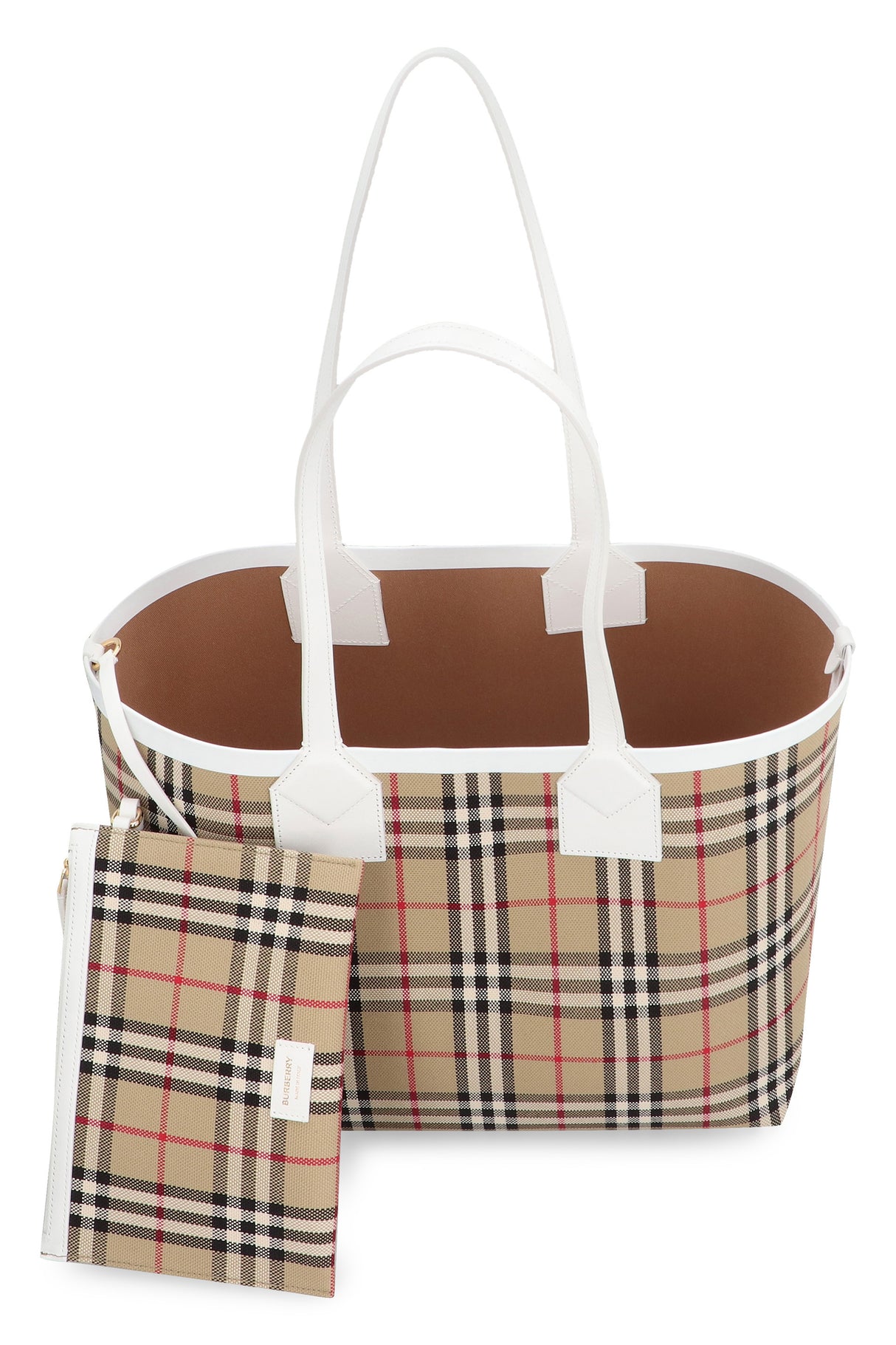 BURBERRY Chic Tan Check Canvas Tote with Leather Accents and Removable Clutch, Small - FW23