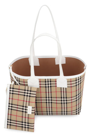 BURBERRY Chic Tan Check Canvas Tote with Leather Accents and Removable Clutch, Small - FW23