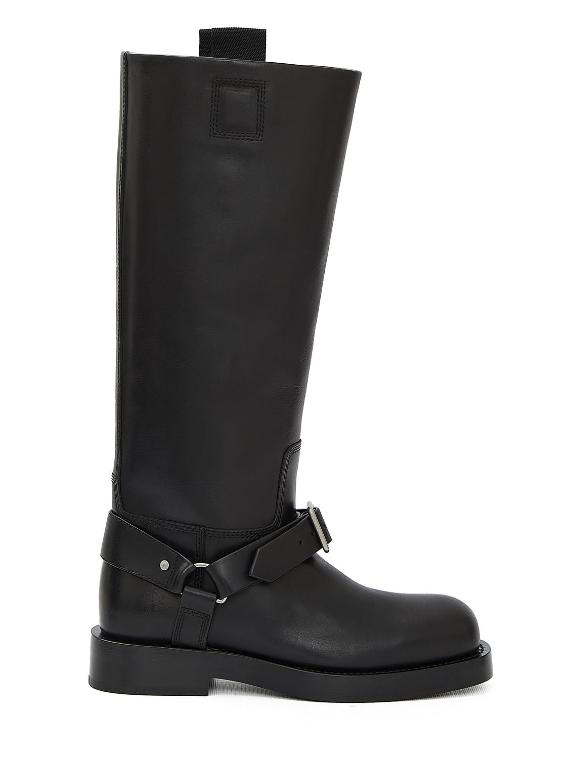 Saddle High Boots in Black Leather with Silver-Tone Buckle Detailing