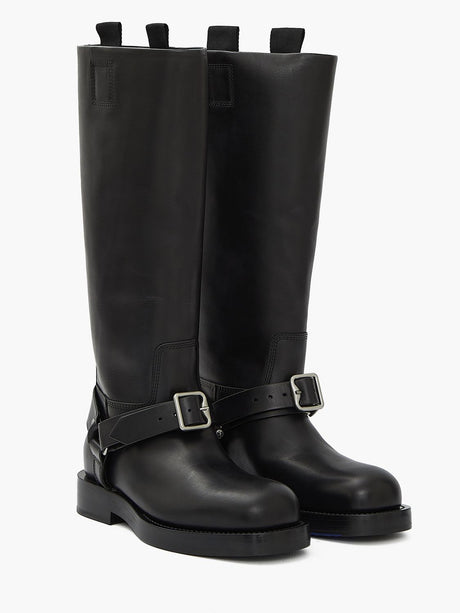 Black Leather Saddle High Boots with Silver-Tone Metal Buckle Detailing