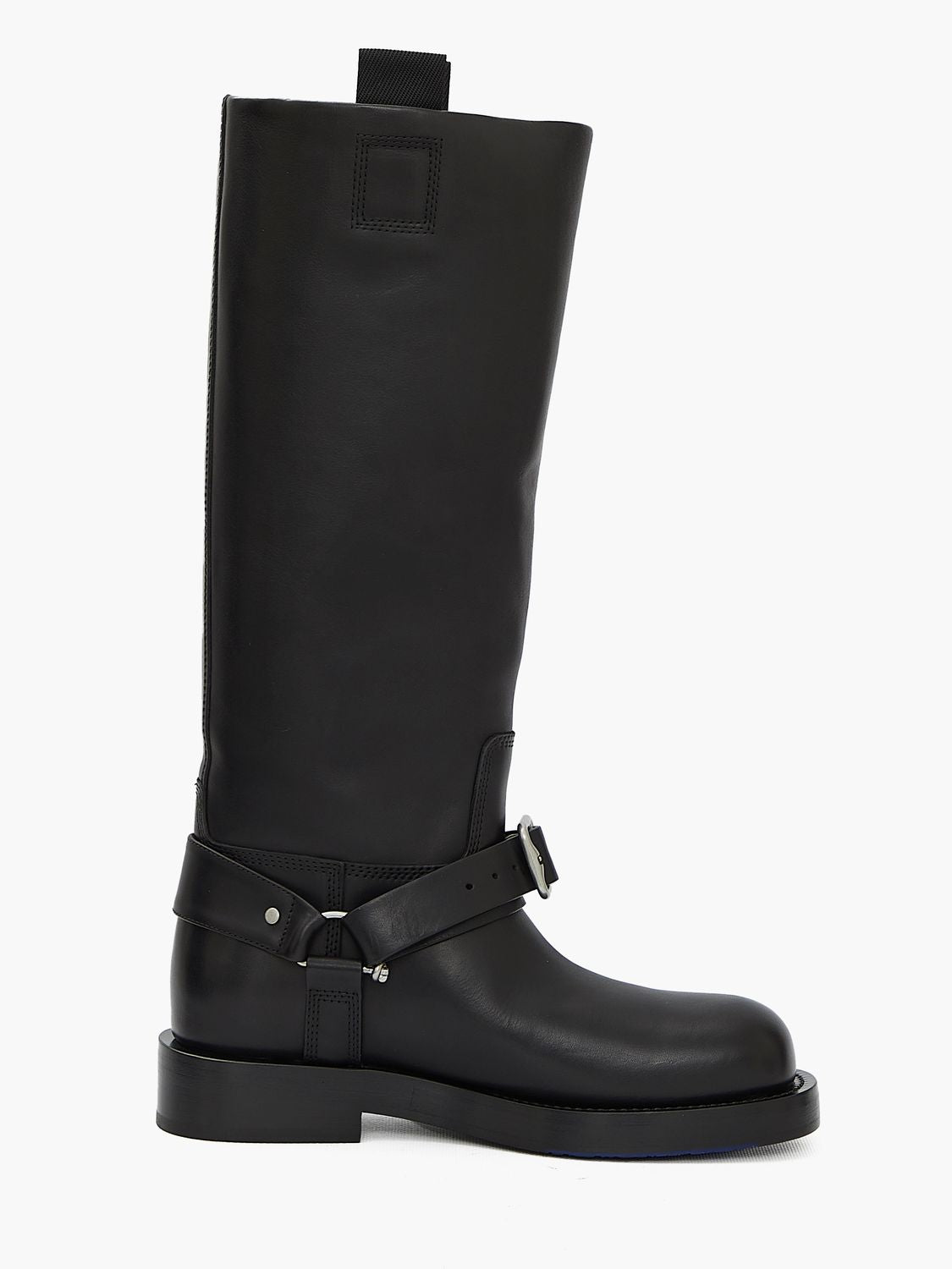 Black Leather Saddle High Boots with Silver-Tone Metal Buckle Detailing