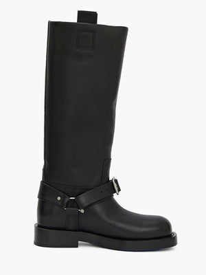 Saddle High Boots in Black Leather with Silver-Tone Buckle Detailing