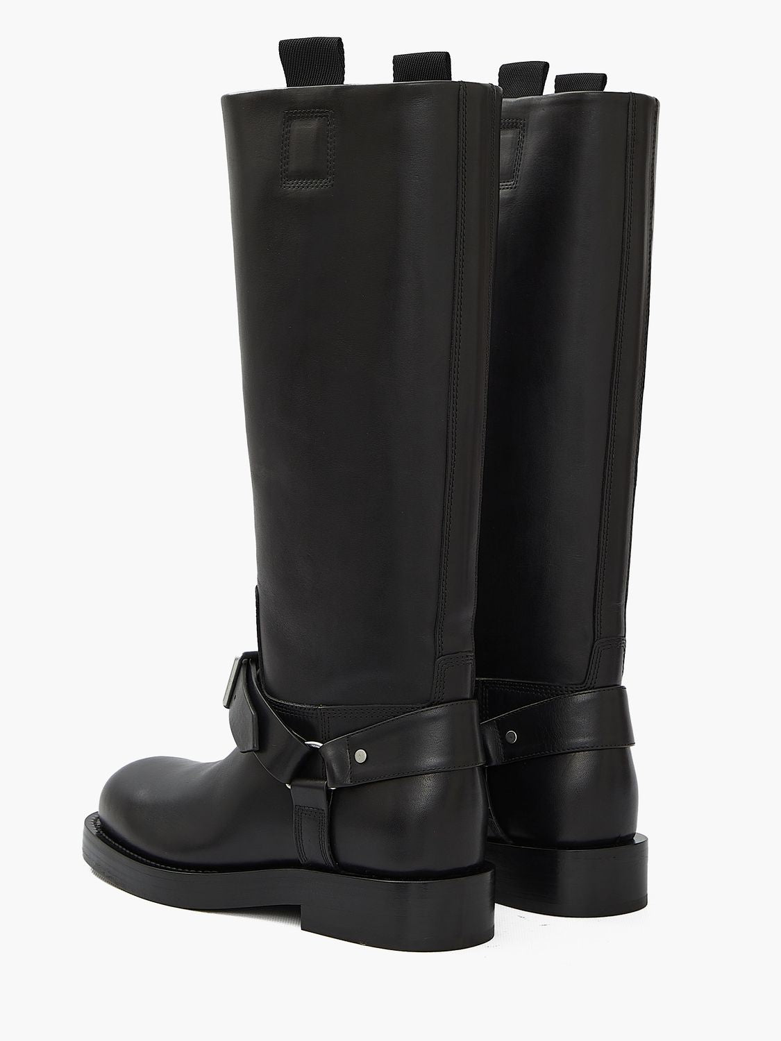 BURBERRY Saddle High Boots in Black Leather with Silver-Tone Buckle Detailing