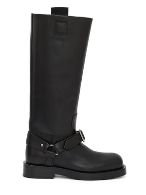 Black Leather Saddle High Boots with Silver-Tone Metal Buckle Detailing