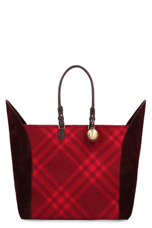 BURBERRY Large Red Tote with Suede Inserts and Check Design, Charm Detail, and Gold-Tone Accents - 49x49x25 cm