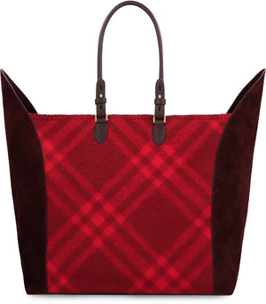 BURBERRY Large Red Tote with Suede Inserts and Check Design, Charm Detail, and Gold-Tone Accents - 49x49x25 cm