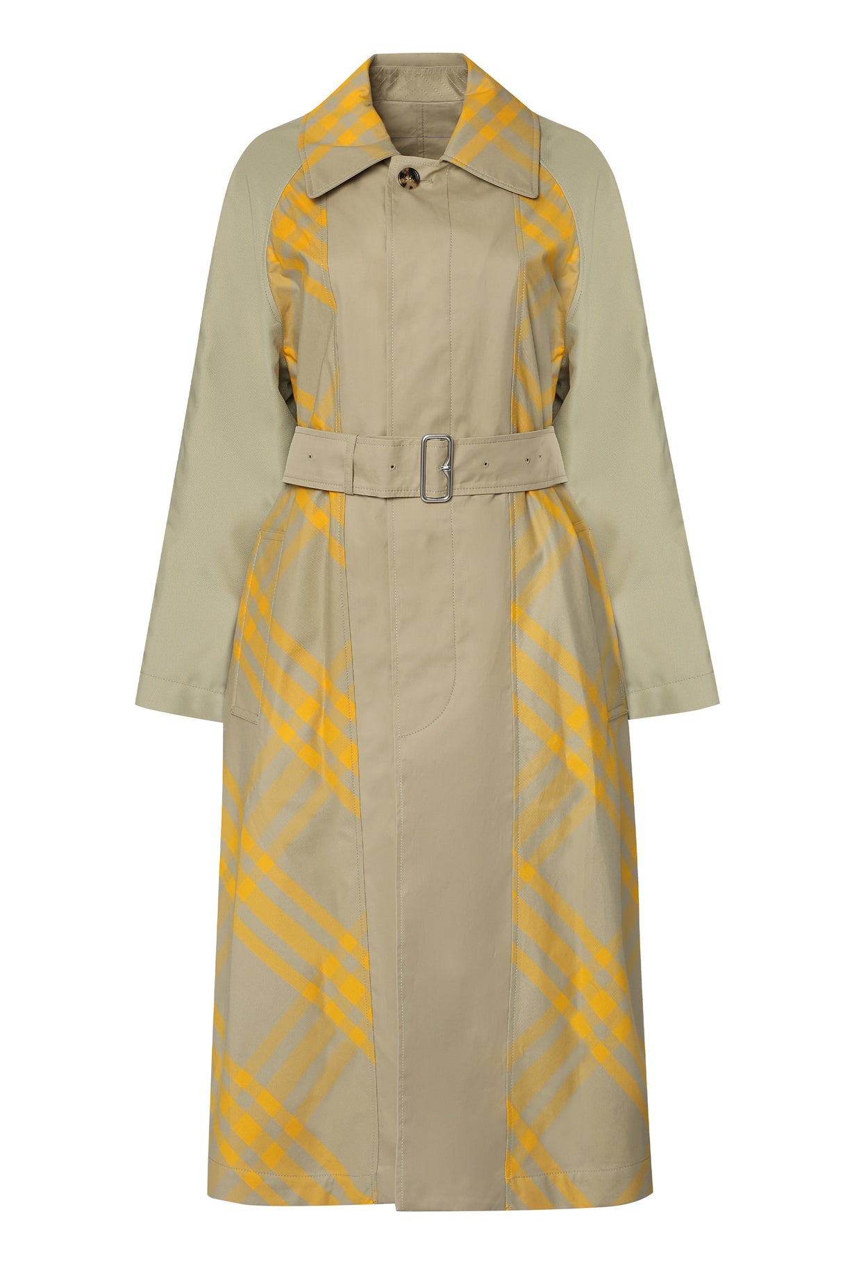 Reversible Trench Jacket - Checkered Design, Lapel Collar, Coordinated Belt, Beige