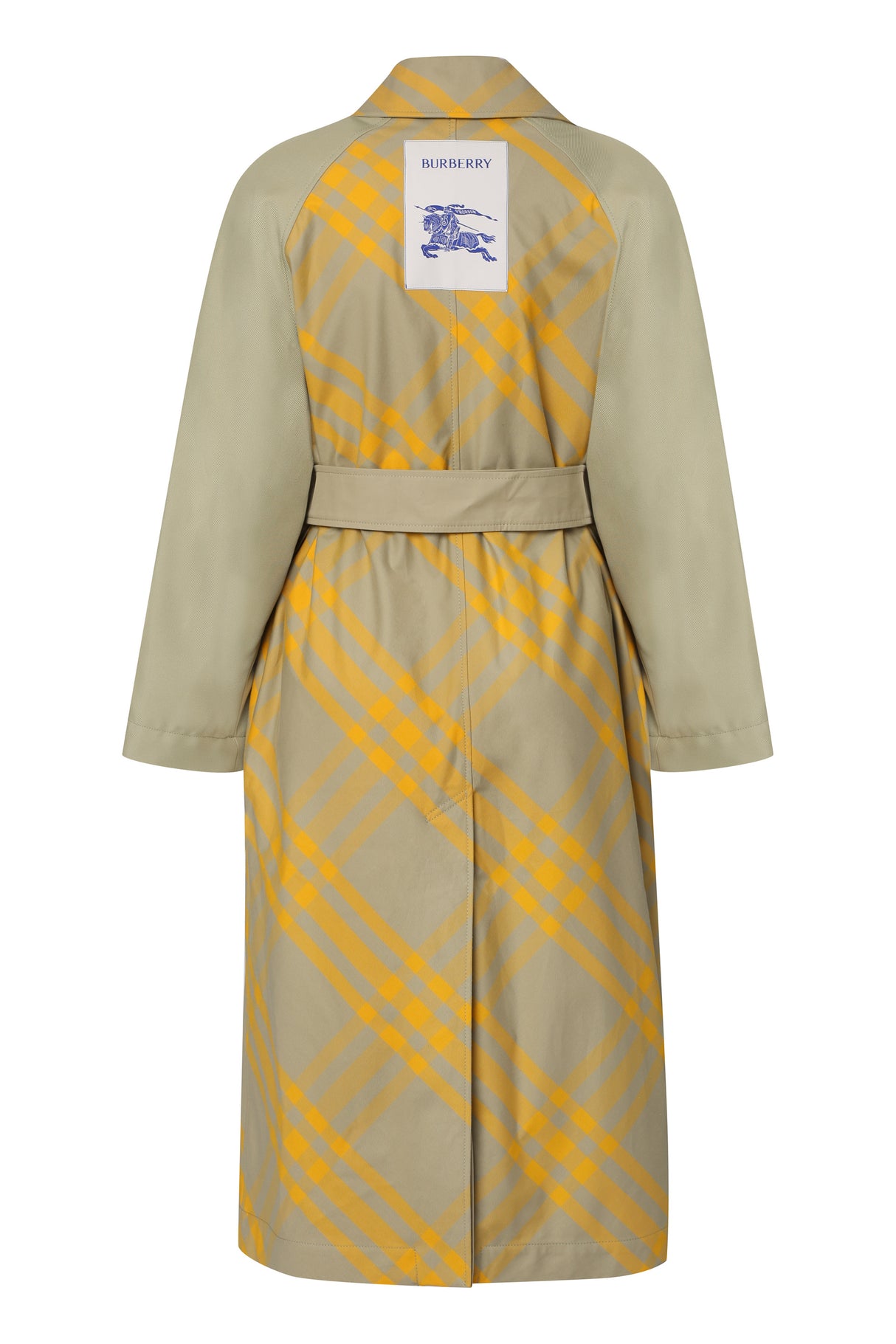 Reversible Trench Jacket - Checkered Design, Lapel Collar, Coordinated Belt, Beige