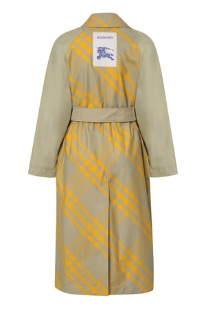 Reversible Trench Jacket - Checkered Design, Lapel Collar, Coordinated Belt, Beige